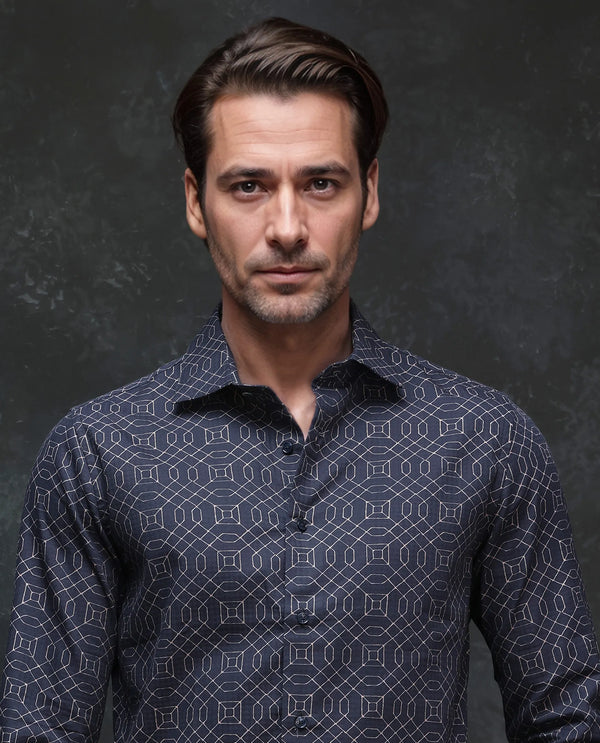 Rare Rabbit Men Mebo Black Cotton Viscose Fabric Full Sleeve Geometric Print Regular Fit Premium Party Shirt