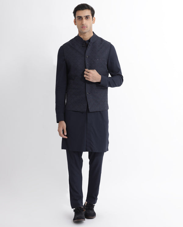 Rare Rabbit Mens Medo-B Dark Navy Bandi Sleeveless Mandarin Collar