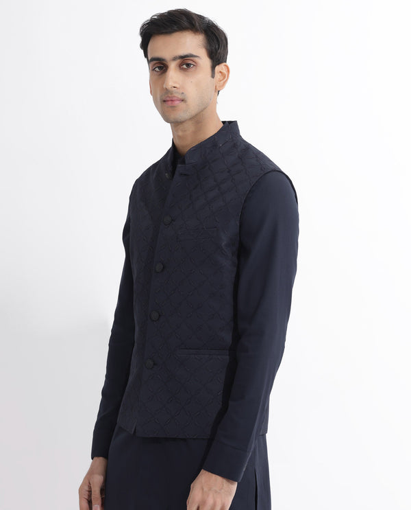 Rare Rabbit Mens Medo-B Dark Navy Bandi Sleeveless Mandarin Collar