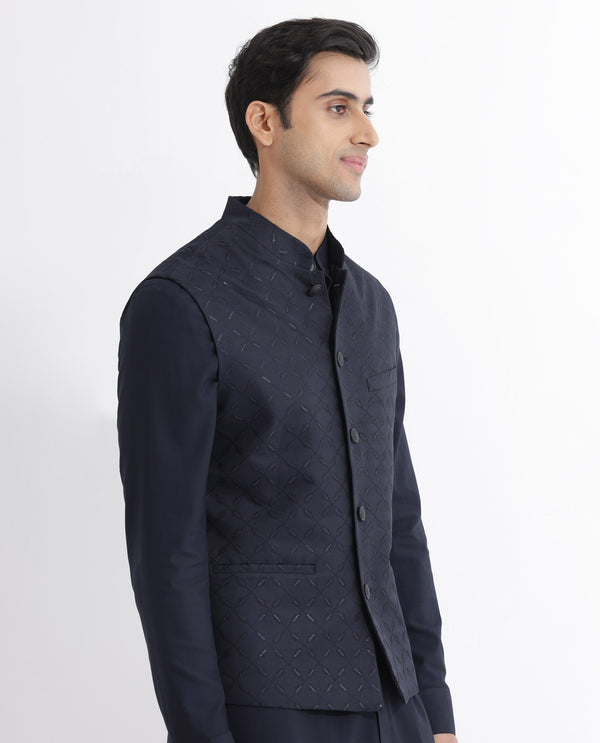 Rare Rabbit Mens Medo-B Dark Navy Bandi Sleeveless Mandarin Collar