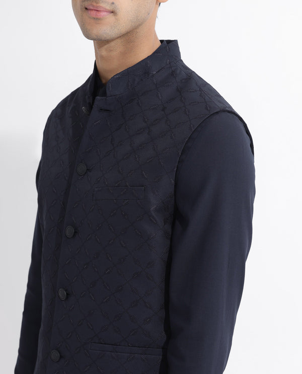 Rare Rabbit Mens Medo-B Dark Navy Bandi Sleeveless Mandarin Collar