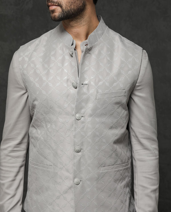 Rare Rabbit Men's Medo-B1 Grey Poly Viscose Elastane Fabric Mandarin Collar Sleeveless Geometric Embroidered Bandi