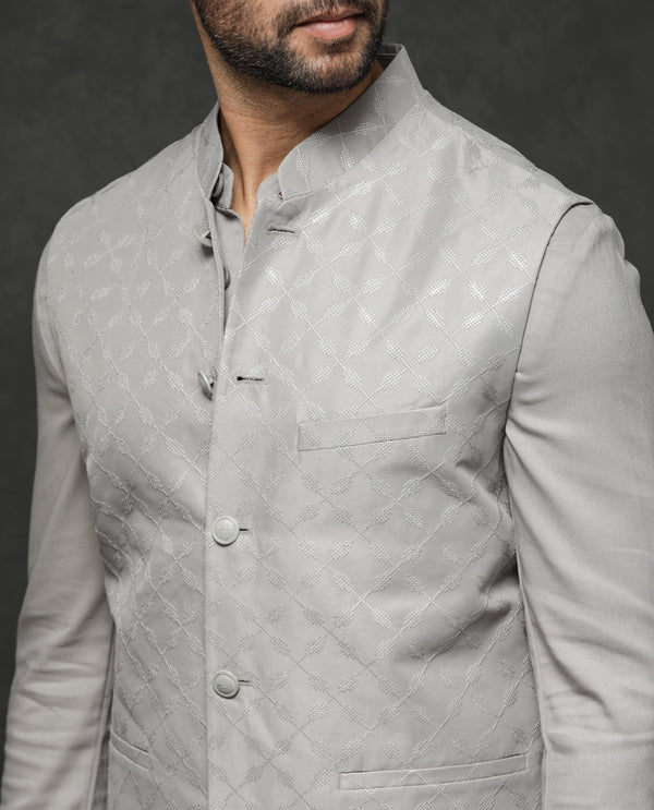 Rare Rabbit Men's Medo-B1 Grey Poly Viscose Elastane Fabric Mandarin Collar Sleeveless Geometric Embroidered Bandi