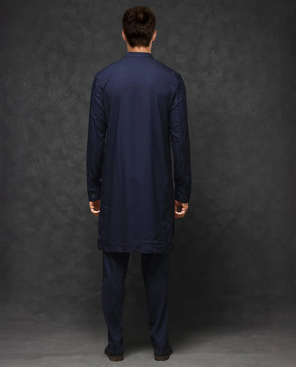 Rare Rabbit Mens Medo-K Dark Navy Mandarin Collar Full Sleeves Kurta