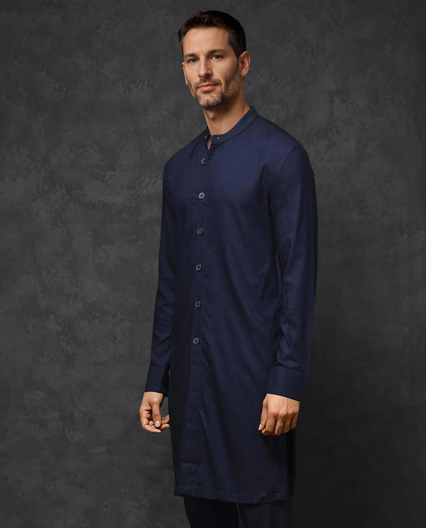 Rare Rabbit Mens Medo-K Dark Navy Mandarin Collar Full Sleeves Kurta