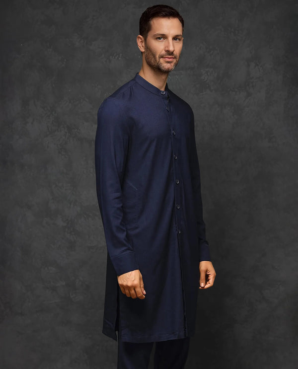 Rare Rabbit Mens Medo-K Dark Navy Mandarin Collar Full Sleeves Kurta
