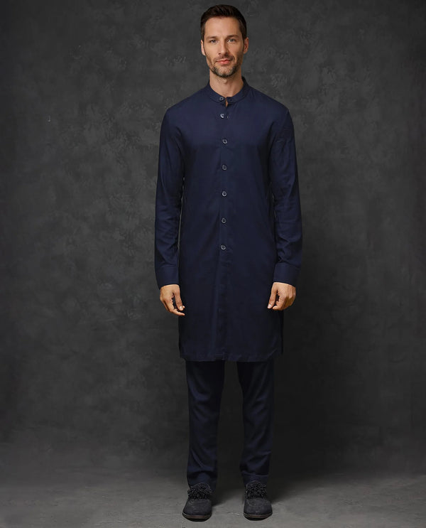Rare Rabbit Mens Medo-K Dark Navy Mandarin Collar Full Sleeves Kurta