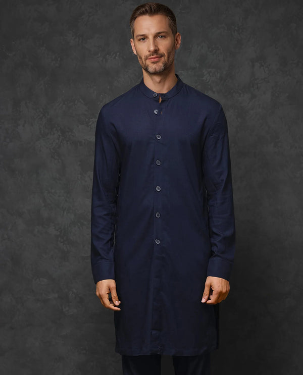 Rare Rabbit Mens Medo-K Dark Navy Mandarin Collar Full Sleeves Kurta
