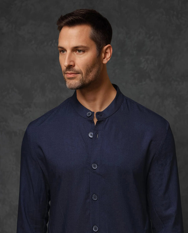 Rare Rabbit Mens Medo-K Dark Navy Mandarin Collar Full Sleeves Kurta