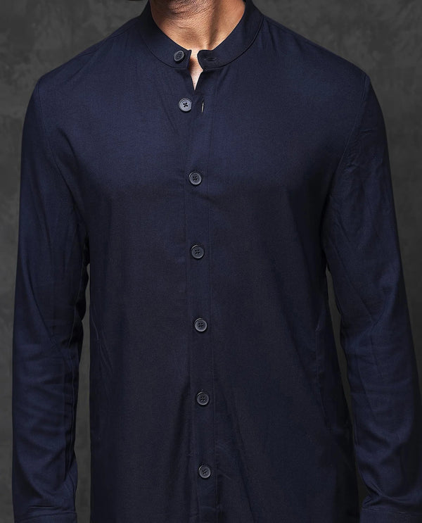 Rare Rabbit Mens Medo-K Dark Navy Mandarin Collar Full Sleeves Kurta