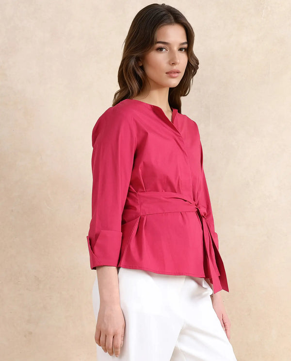 Rareism Women Medui Dark Pink Cotton Blend Fabric 3/4Th Sleeve Built Up Neck Button Closure Plain Top