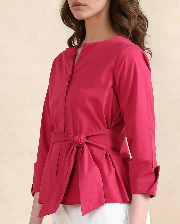 Rareism Women Medui Dark Pink Cotton Blend Fabric 3/4Th Sleeve Built Up Neck Button Closure Plain Top