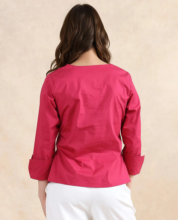 Rareism Women Medui Dark Pink Cotton Blend Fabric 3/4Th Sleeve Built Up Neck Button Closure Plain Top
