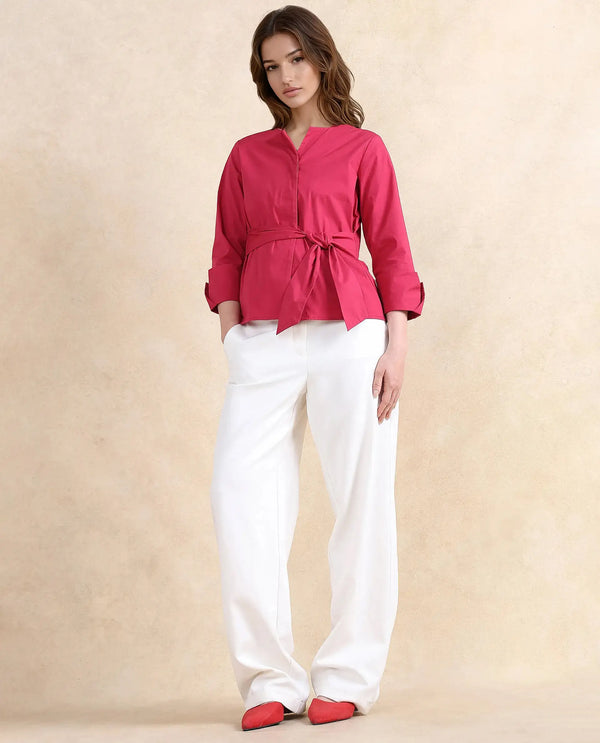 Rareism Women Medui Dark Pink Cotton Blend Fabric 3/4Th Sleeve Built Up Neck Button Closure Plain Top
