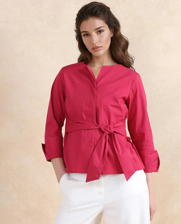 Rareism Women Medui Dark Pink Cotton Blend Fabric 3/4Th Sleeve Built Up Neck Button Closure Plain Top