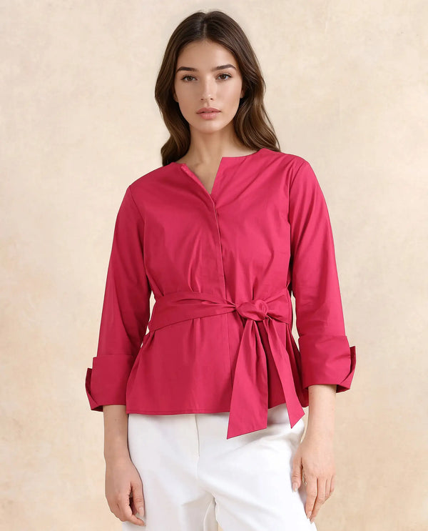 Rareism Women Medui Dark Pink Cotton Blend Fabric 3/4Th Sleeve Built Up Neck Button Closure Plain Top