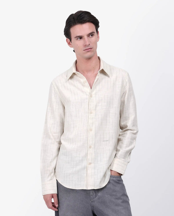 Rare Rabbit Men's Meem Beige Cotton Fabric Full Sleeve Collared Neck Button Closure Striped Shirt