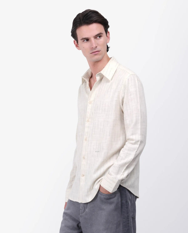 Rare Rabbit Men's Meem Beige Cotton Fabric Full Sleeve Collared Neck Button Closure Striped Shirt