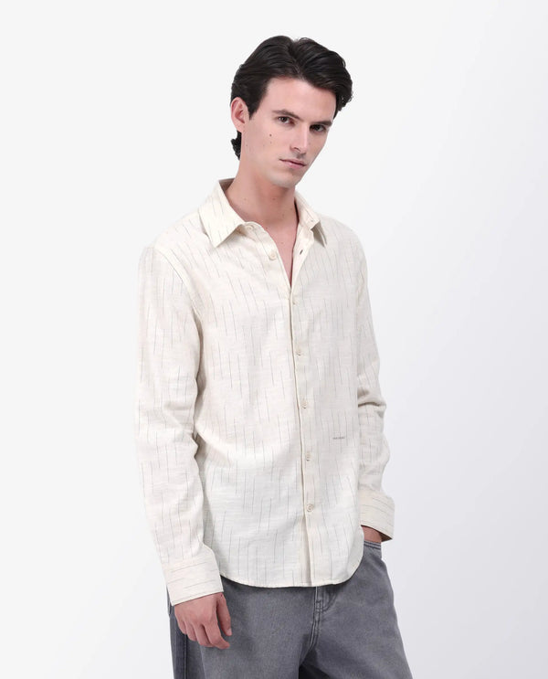 Rare Rabbit Men's Meem Beige Cotton Fabric Full Sleeve Collared Neck Button Closure Striped Shirt
