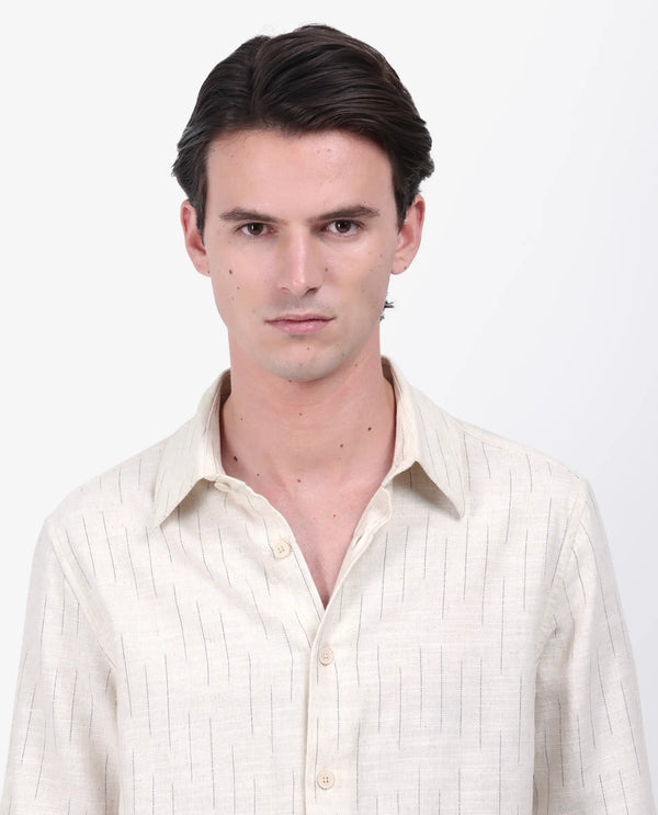 Rare Rabbit Men's Meem Beige Cotton Fabric Full Sleeve Collared Neck Button Closure Striped Shirt