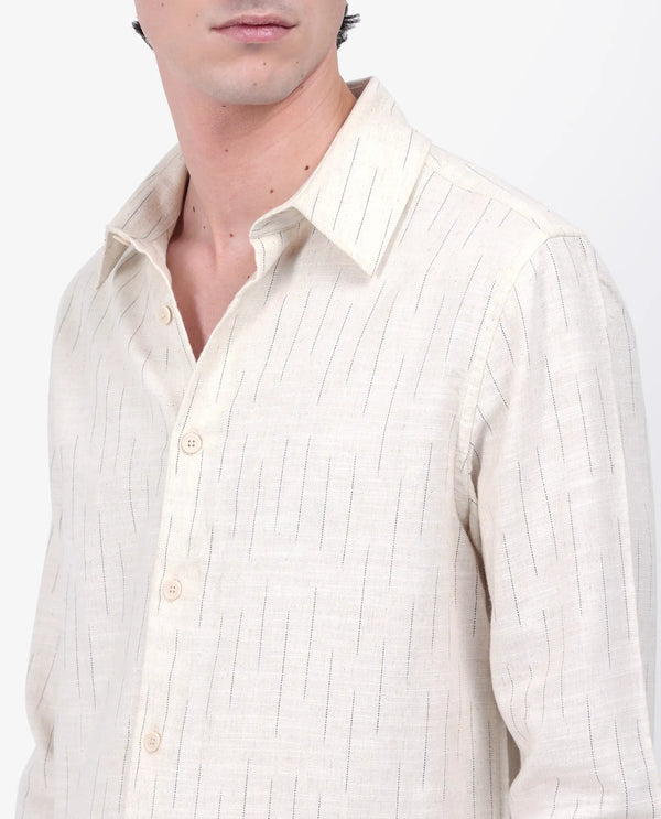 Rare Rabbit Men's Meem Beige Cotton Fabric Full Sleeve Collared Neck Button Closure Striped Shirt