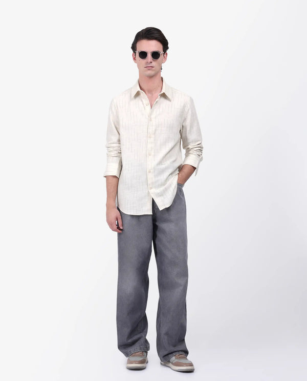 Rare Rabbit Men's Meem Beige Cotton Fabric Full Sleeve Collared Neck Button Closure Striped Shirt