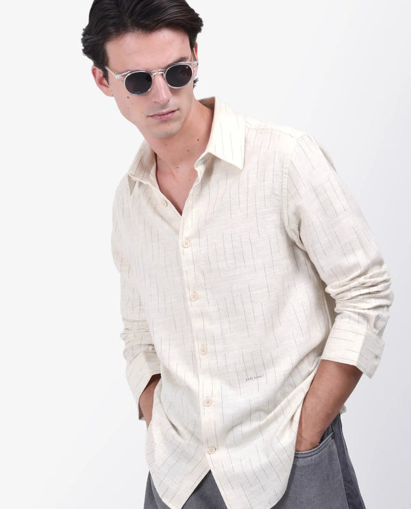 Rare Rabbit Men's Meem Beige Cotton Fabric Full Sleeve Collared Neck Button Closure Striped Shirt