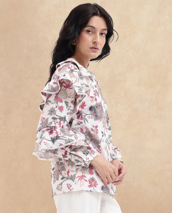 Rareism Women Mei-T Multi Poly Viscose Bishop Sleeve Peter Pan Neck Floral Print Shirt