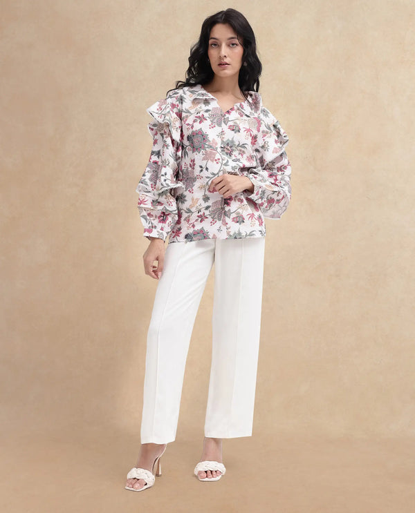 Rareism Women Mei-T Multi Poly Viscose Bishop Sleeve Peter Pan Neck Floral Print Shirt