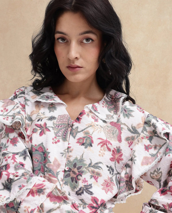 Rareism Women Mei-T Multi Poly Viscose Bishop Sleeve Peter Pan Neck Floral Print Shirt