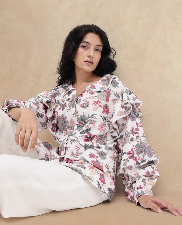Rareism Women Mei-T Multi Poly Viscose Bishop Sleeve Peter Pan Neck Floral Print Shirt