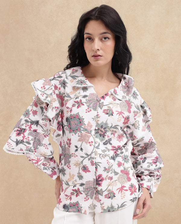 Rareism Women Mei-T Multi Poly Viscose Bishop Sleeve Peter Pan Neck Floral Print Shirt