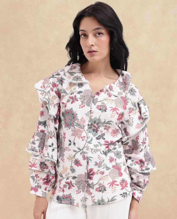 Rareism Women Mei-T Multi Poly Viscose Bishop Sleeve Peter Pan Neck Floral Print Shirt