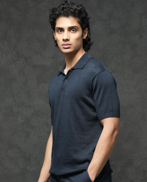 Rare Rabbit Men's Mekko Navy Half Sleeves Solid Polo T-Shirt