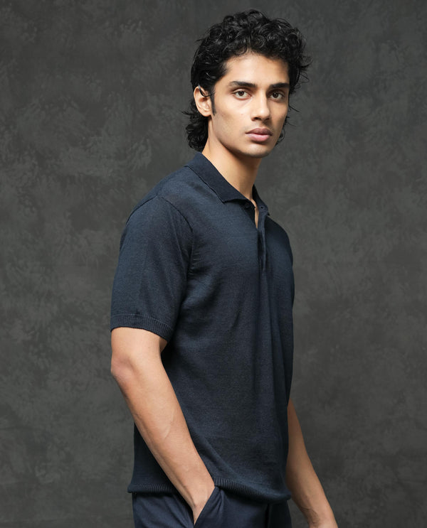 Rare Rabbit Men's Mekko Navy Half Sleeves Solid Polo T-Shirt
