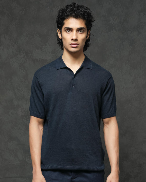 Rare Rabbit Men's Mekko Navy Half Sleeves Solid Polo T-Shirt