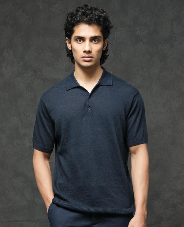 Rare Rabbit Men's Mekko Navy Half Sleeves Solid Polo T-Shirt