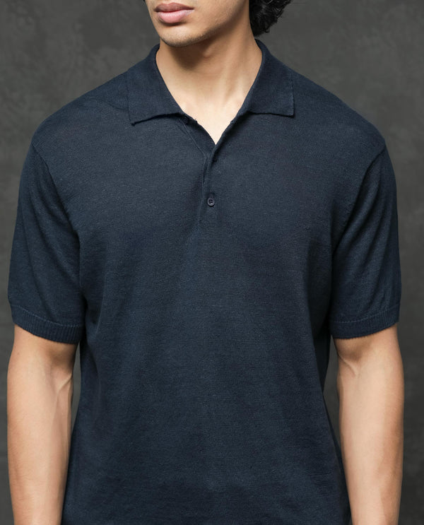 Rare Rabbit Men's Mekko Navy Half Sleeves Solid Polo T-Shirt