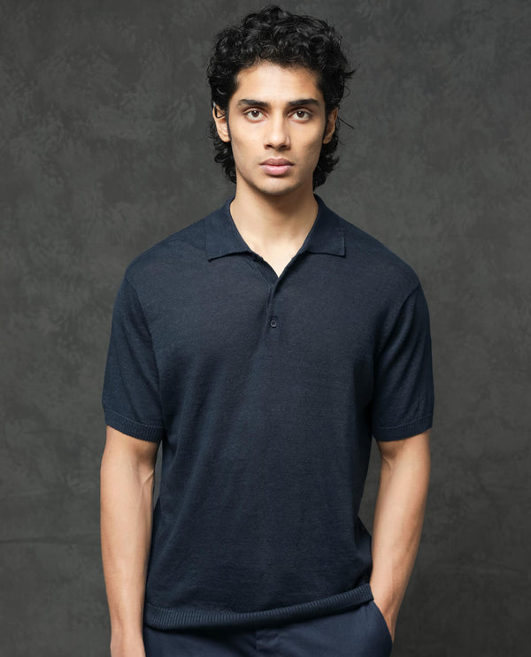 Rare Rabbit Men's Mekko Navy Half Sleeves Solid Polo T-Shirt