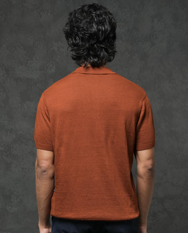 Rare Rabbit Men's Mekko Rust Half Sleeves Solid Polo T-Shirt