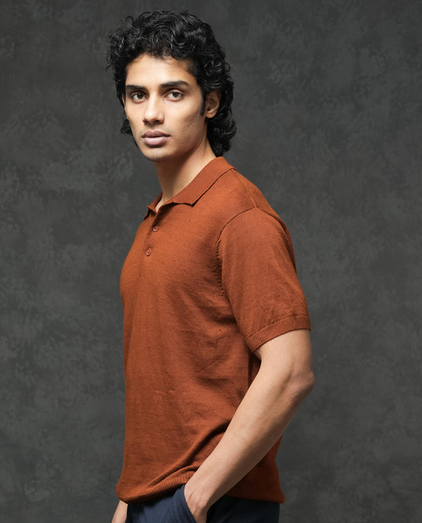 Rare Rabbit Men's Mekko Rust Half Sleeves Solid Polo T-Shirt