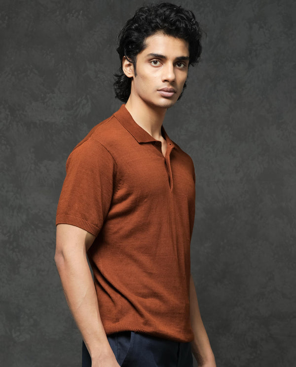 Rare Rabbit Men's Mekko Rust Half Sleeves Solid Polo T-Shirt