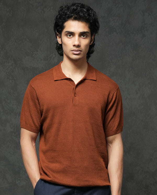 Rare Rabbit Men's Mekko Rust Half Sleeves Solid Polo T-Shirt