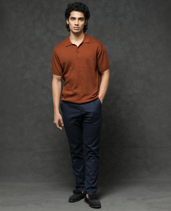 Rare Rabbit Men's Mekko Rust Half Sleeves Solid Polo T-Shirt