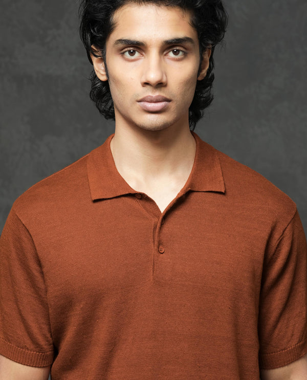 Rare Rabbit Men's Mekko Rust Half Sleeves Solid Polo T-Shirt