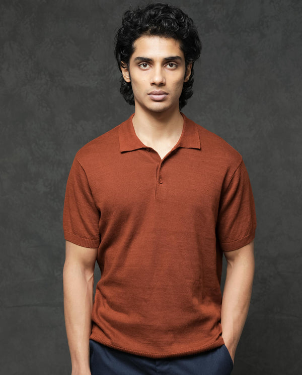 Rare Rabbit Men's Mekko Rust Half Sleeves Solid Polo T-Shirt