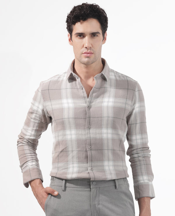 Rare Rabbit Men's Melfi Light Brown Cotton Fabric Full Sleeves Checks Shirt