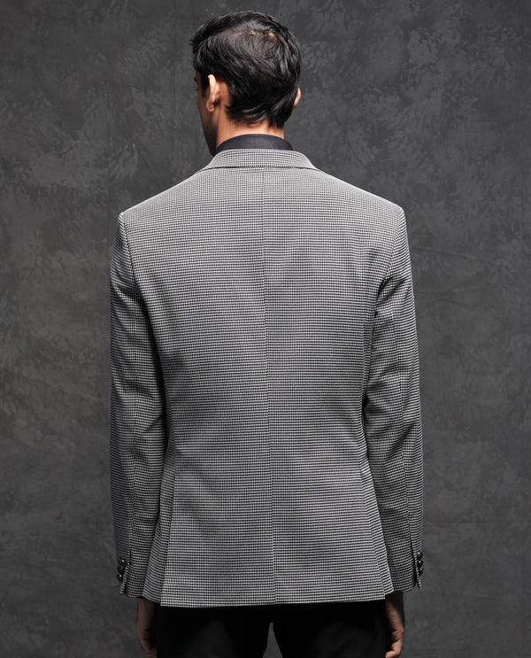 Rare Rabbit Men's Mellion Black Polyester Viscose Fabric Peak Lapel Single Breasted Tailored Fit Jacquard Blazer