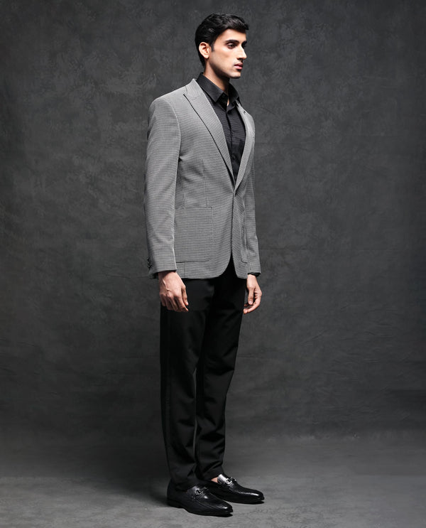 Rare Rabbit Men's Mellion Black Polyester Viscose Fabric Peak Lapel Single Breasted Tailored Fit Jacquard Blazer