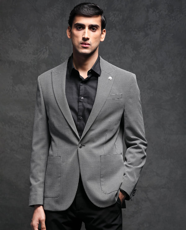 Rare Rabbit Men's Mellion Black Polyester Viscose Fabric Peak Lapel Single Breasted Tailored Fit Jacquard Blazer